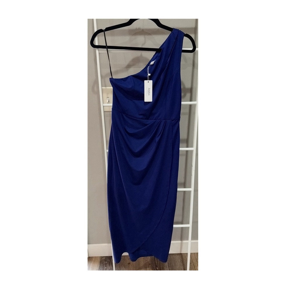 NWT Zalalus Solid Blue One Shoulder Draped Sleeveless Midi Sheath Dress size M
